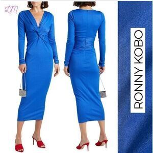 Ronny Kobo Lara Twist Front Metallic Royal Blue Jersey‎ Midi Dress Small